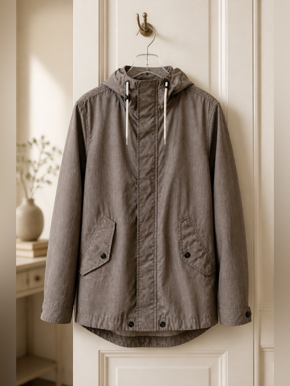 GRAY JACKET with LINED HOOD ZIPPER AND SNAP by DIVIDED SIZE SMALL